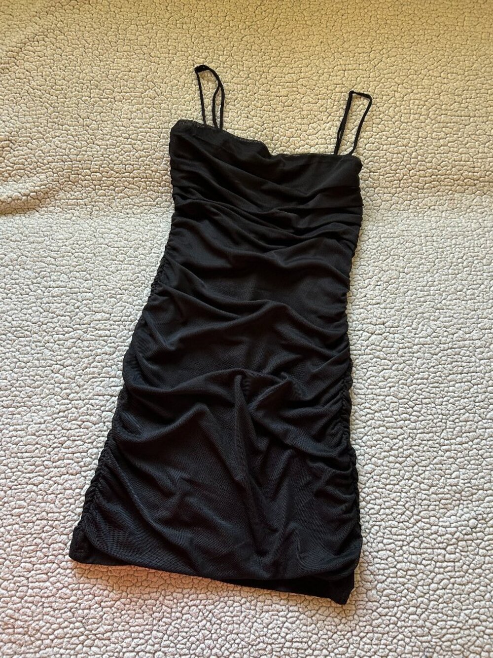 Garage -- black, ruched dress, spaghetti straps